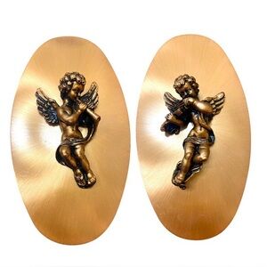 Pair of Copper Oval Angel Wall Plaques Mid Century Cherub Cupid Valentine’s Day